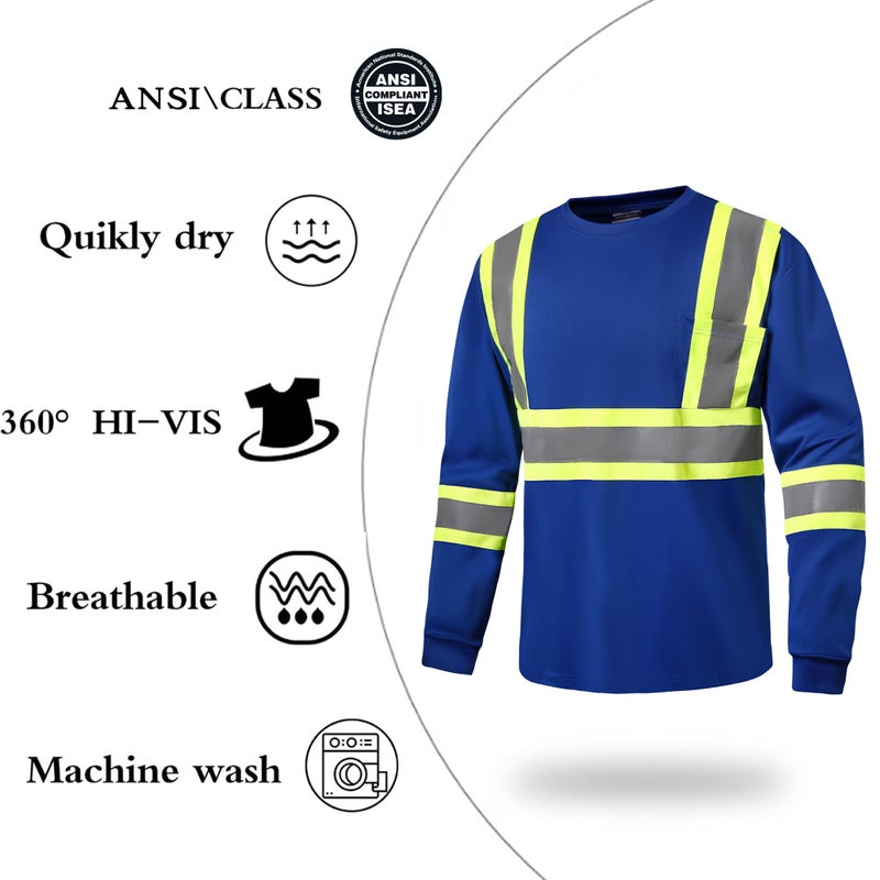 DPSAFETY Hi Vis Safety Long Sleeve Shirts,High Visibility Class 3 T Shirts with Reflective Strips and Pocket, Quick Dry Mesh Construction Work Shirt for Men/Women (Blue,M) - Image 2
